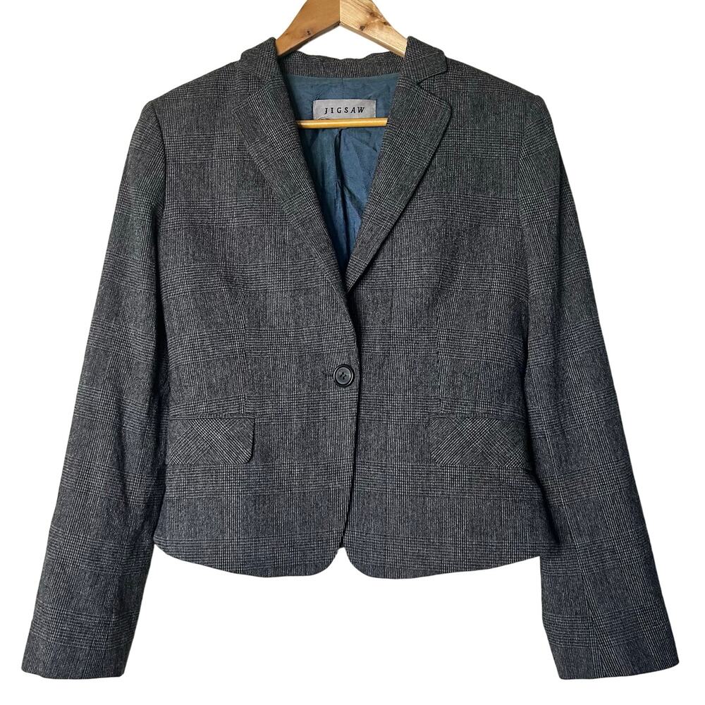 Jigsaw Blazer Size 12 Wool Blend Gray Plaid Houndstooth Ruffle Peplum Back